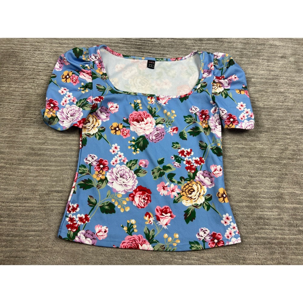 SHEIN Blouse Womens Medium Blue Floral Puff Sleeve Square Neck sw220323921617